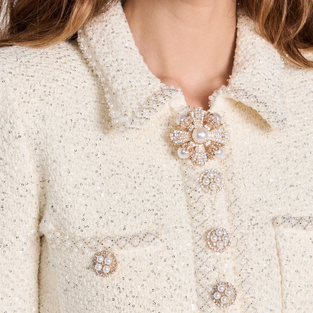 Self Portrait 2023 collection Cream Sequin Knit Pearl Mini Dress Size M - Picture 2 of 11